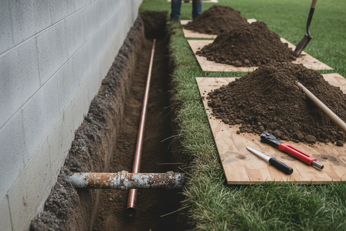 Excavated water line trench during Water Softener Installation in Oscar